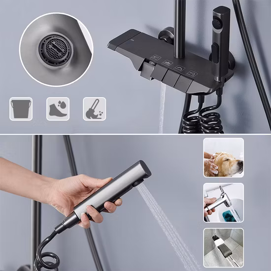 4 Function Piano Design Metal Gun Brass Bathroom Shower System Wall Mount Faucet Shower Set